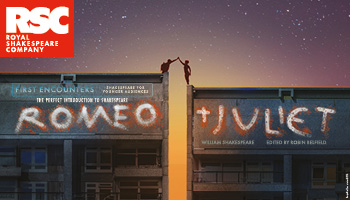 Two people on top of buildings with Romeo and Juliet written on the buildings